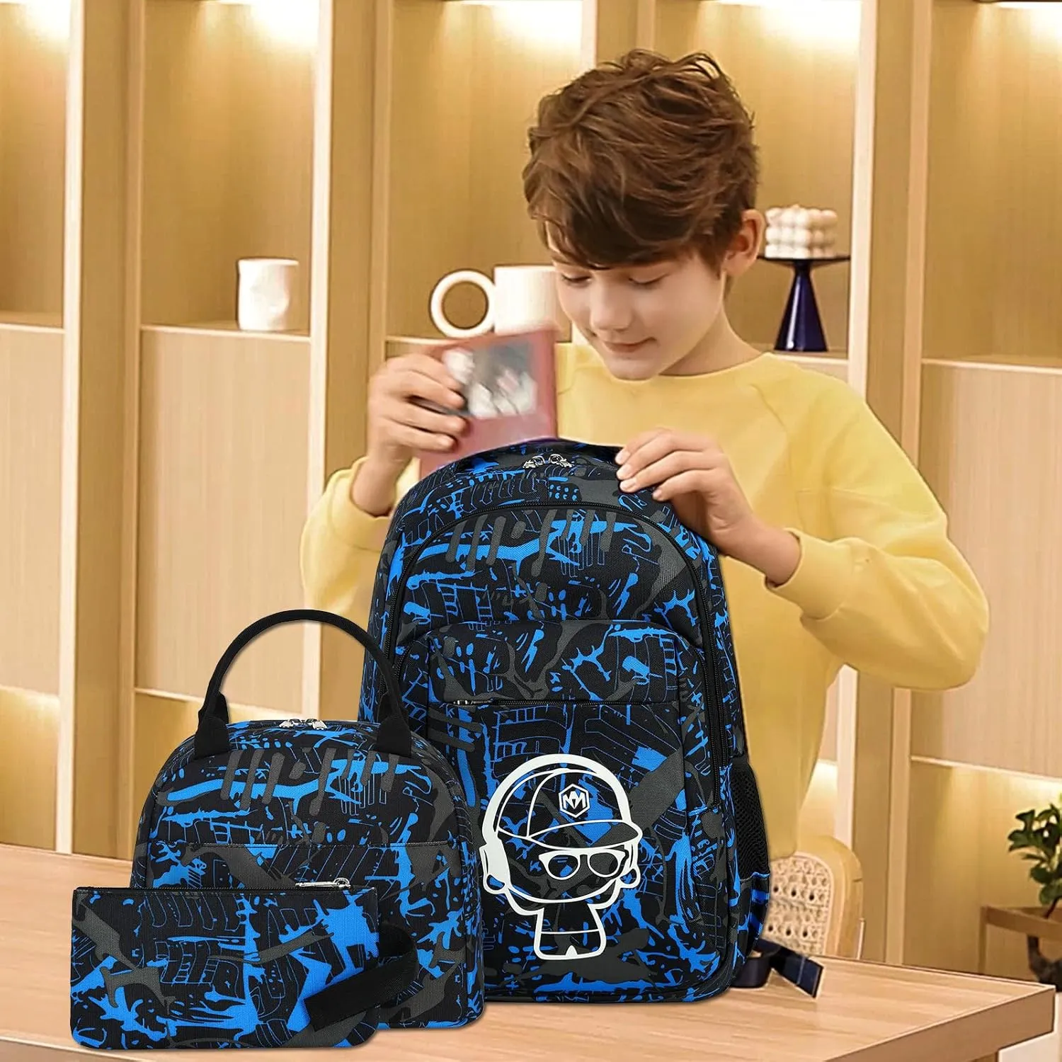 LEDAOU Backpack for Kids Boys Girls School Bags Teen Bookbags Set School Backpack with Lunch Box and Pencil Case