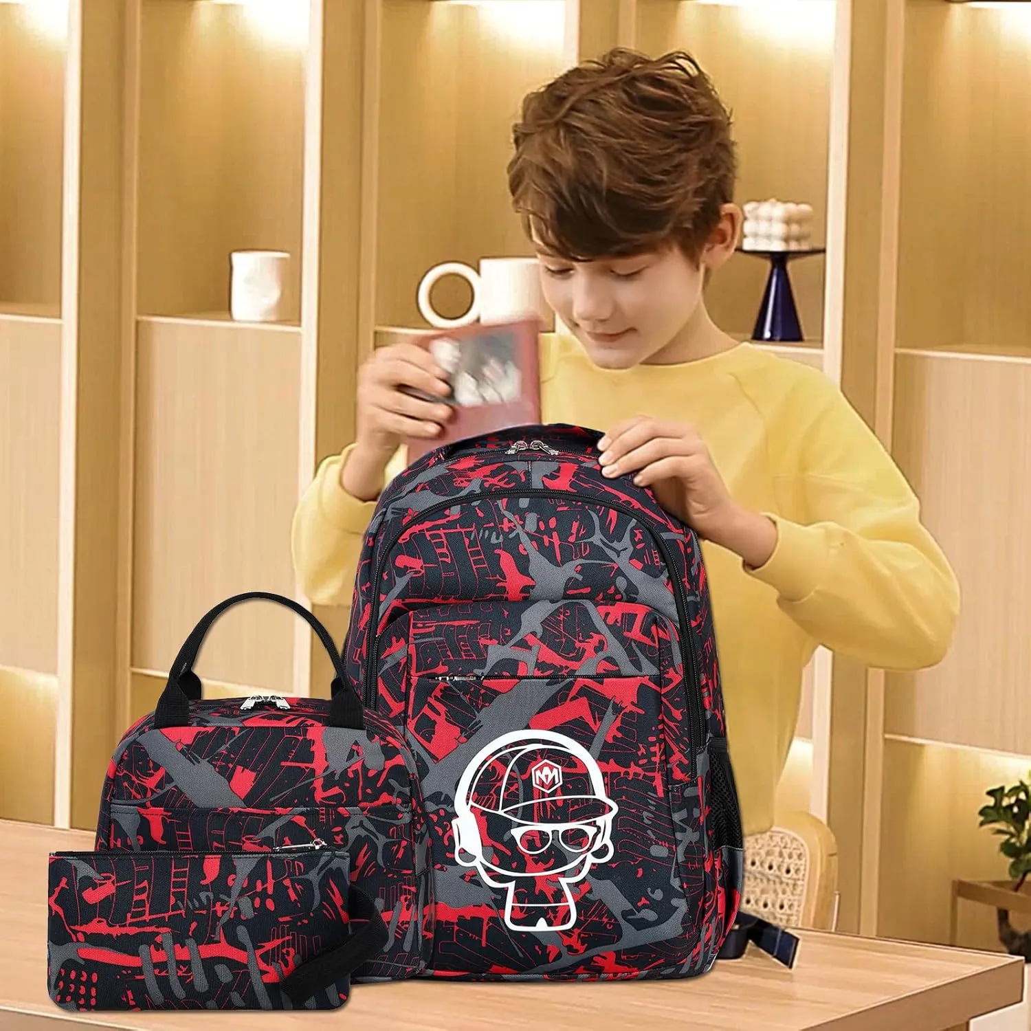LEDAOU Backpack for Kids Boys Girls School Bags Teen Bookbags Set School Backpack with Lunch Box and Pencil Case
