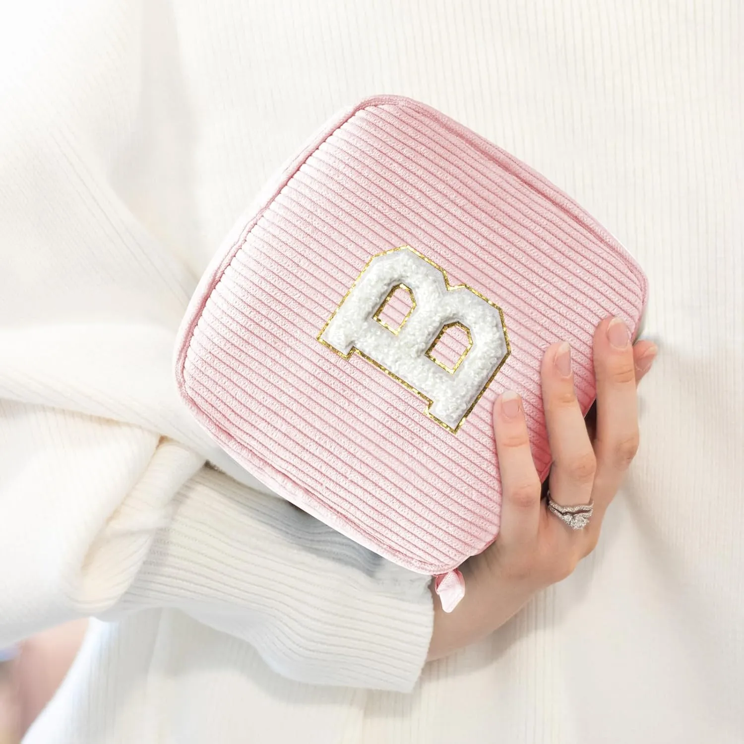 LETGO Birthday Gifts for Women Small Personalized Initial Monogram Makeup Bag,Preppy Corduroy Makeup Bags Travel Toiletry Bag Cute Pouch Purse for Her Mom Girlfriend Wife Sister Teacher Bridesmaid