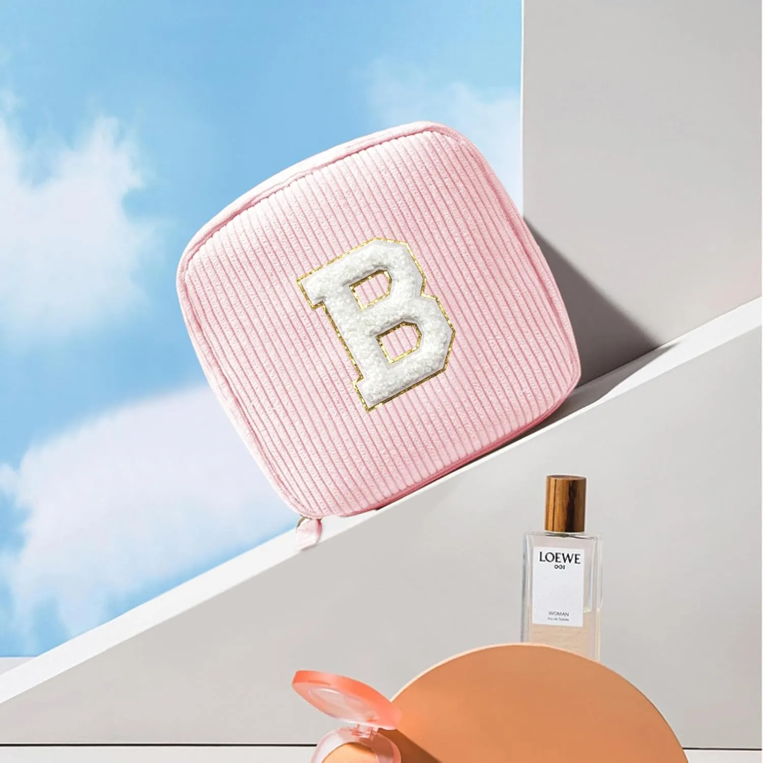 LETGO Birthday Gifts for Women Small Personalized Initial Monogram Makeup Bag,Preppy Corduroy Makeup Bags Travel Toiletry Bag Cute Pouch Purse for Her Mom Girlfriend Wife Sister Teacher Bridesmaid
