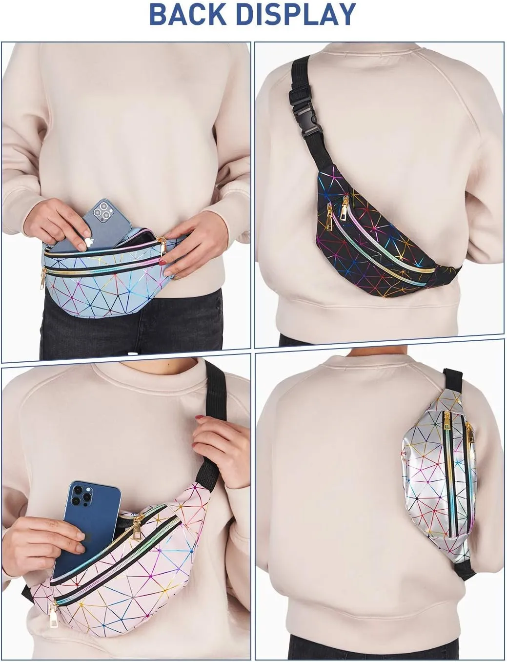 LIVACASA Holographic Fanny Packs for Women Waterproof Waist Packs Shiny with Adjustable Belt Diamond Lattice Pattern for Party Festival Trip