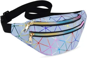 LIVACASA Holographic Fanny Packs for Women Waterproof Waist Packs Shiny with Adjustable Belt Diamond Lattice Pattern for Party Festival Trip