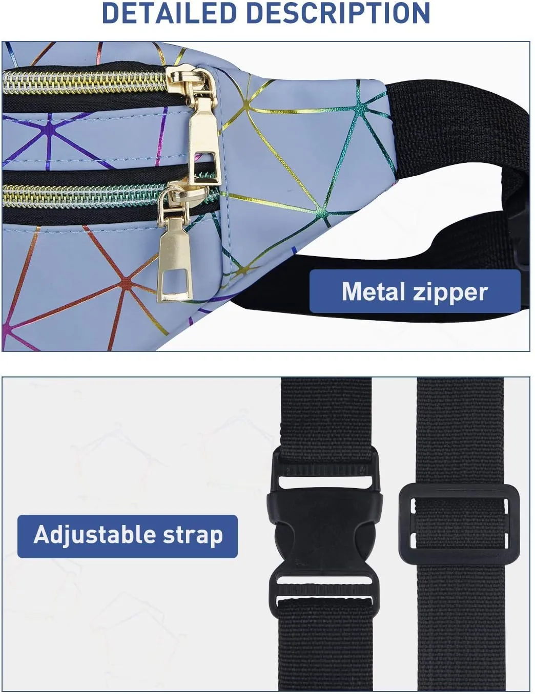 LIVACASA Holographic Fanny Packs for Women Waterproof Waist Packs Shiny with Adjustable Belt Diamond Lattice Pattern for Party Festival Trip