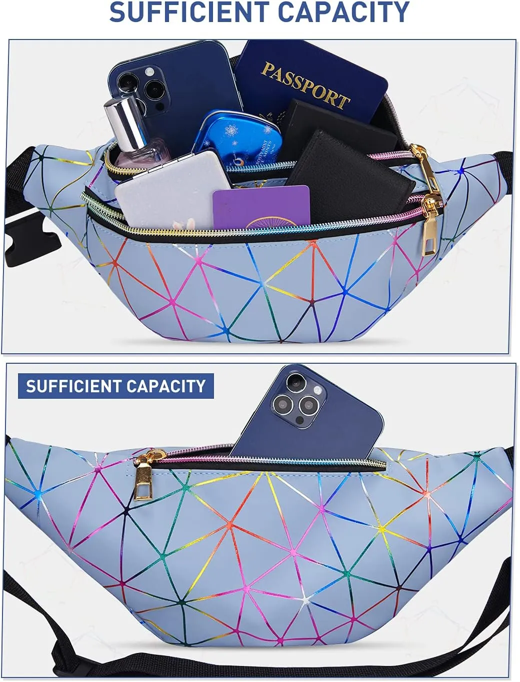 LIVACASA Holographic Fanny Packs for Women Waterproof Waist Packs Shiny with Adjustable Belt Diamond Lattice Pattern for Party Festival Trip