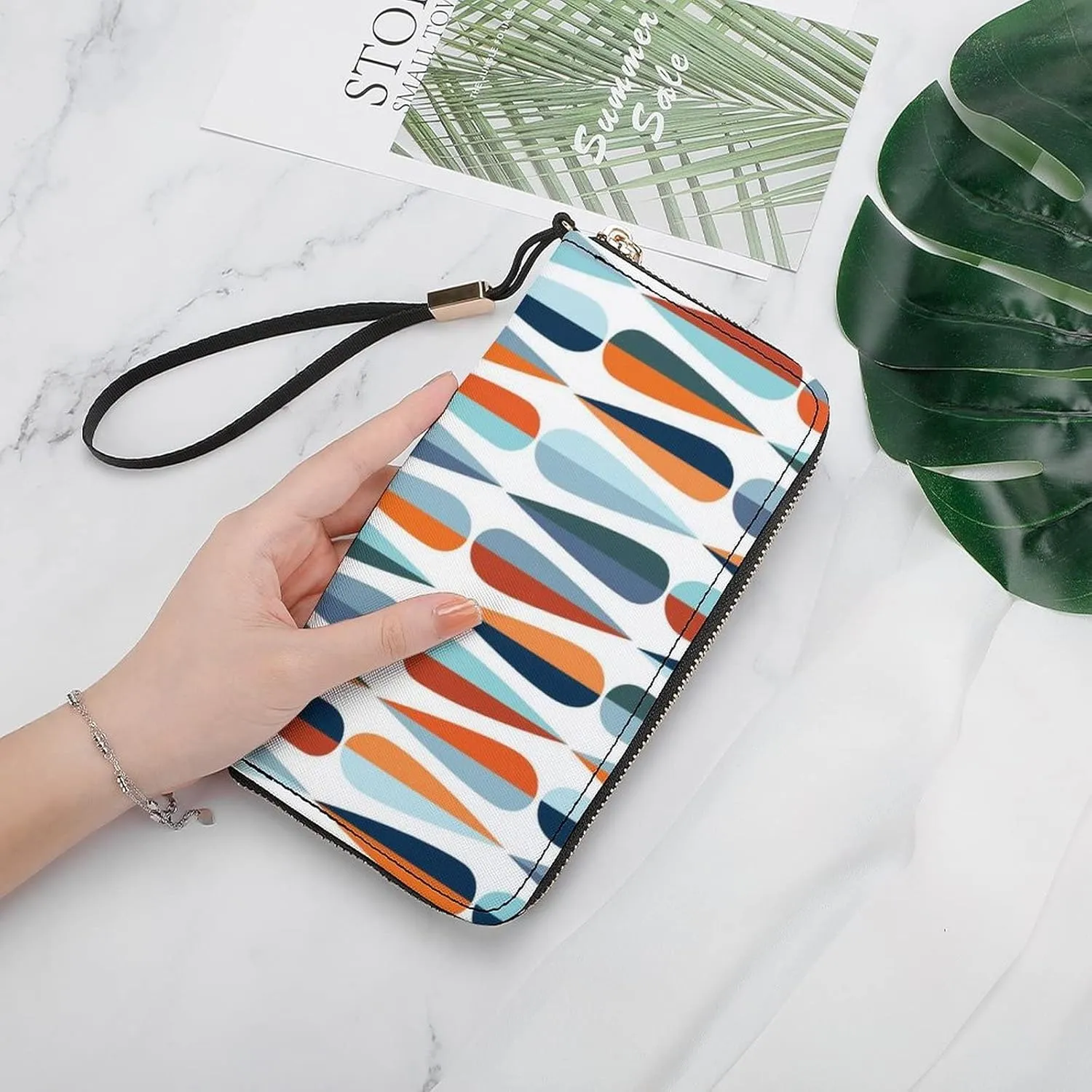 Mid Century Drop Shapes in Tones Long Clutch Wallet, Long Handbag with Removable Wristlet Strap, PU Leather Zip Purse, Credit Pass Case Card-Holder for Men Women