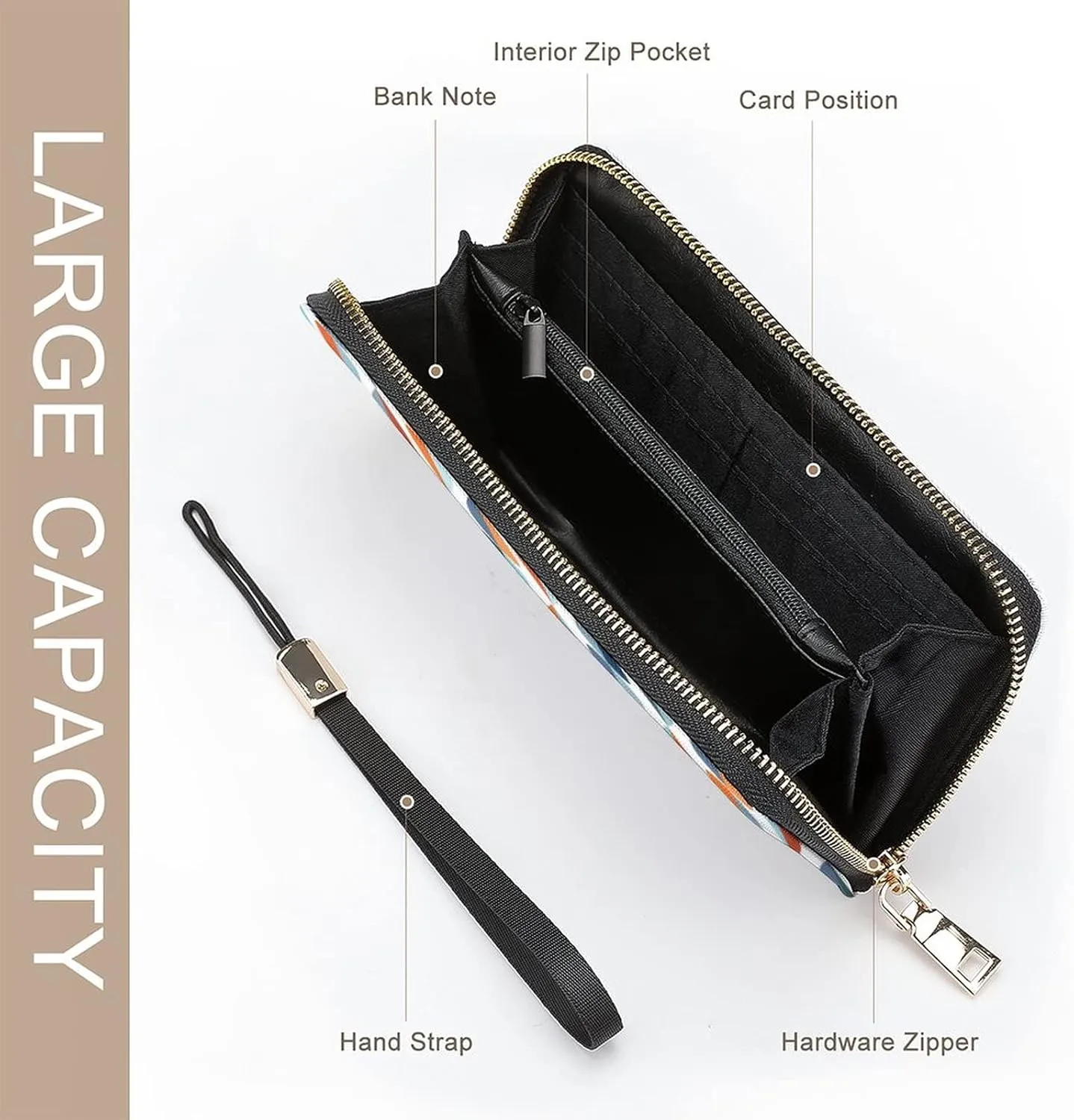 Mid Century Drop Shapes in Tones Long Clutch Wallet, Long Handbag with Removable Wristlet Strap, PU Leather Zip Purse, Credit Pass Case Card-Holder for Men Women