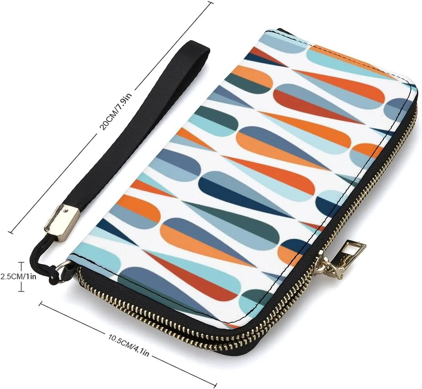 Mid Century Drop Shapes in Tones Long Clutch Wallet, Long Handbag with Removable Wristlet Strap, PU Leather Zip Purse, Credit Pass Case Card-Holder for Men Women