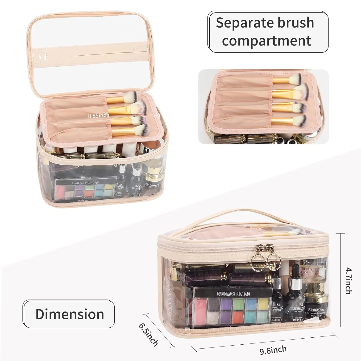 OCHEAL Makeup Bag, Clear Makeup Organizer Bag Portable Cosmetic Bag, Cute Transparent Case For Women and Girls traveling Storage with zipper Divider Brush Compartment-Clear Beige white