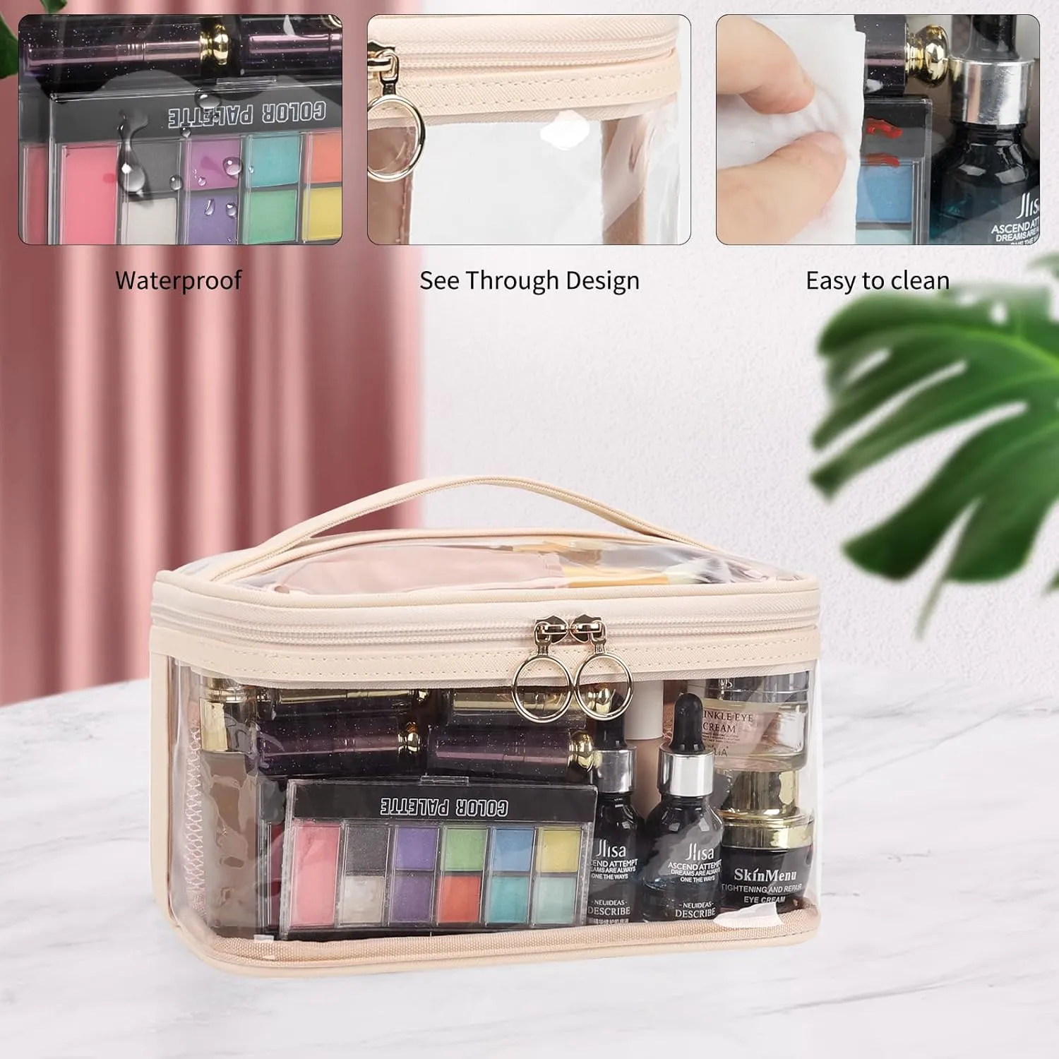 OCHEAL Makeup Bag, Clear Makeup Organizer Bag Portable Cosmetic Bag, Cute Transparent Case For Women and Girls traveling Storage with zipper Divider Brush Compartment-Clear Beige white
