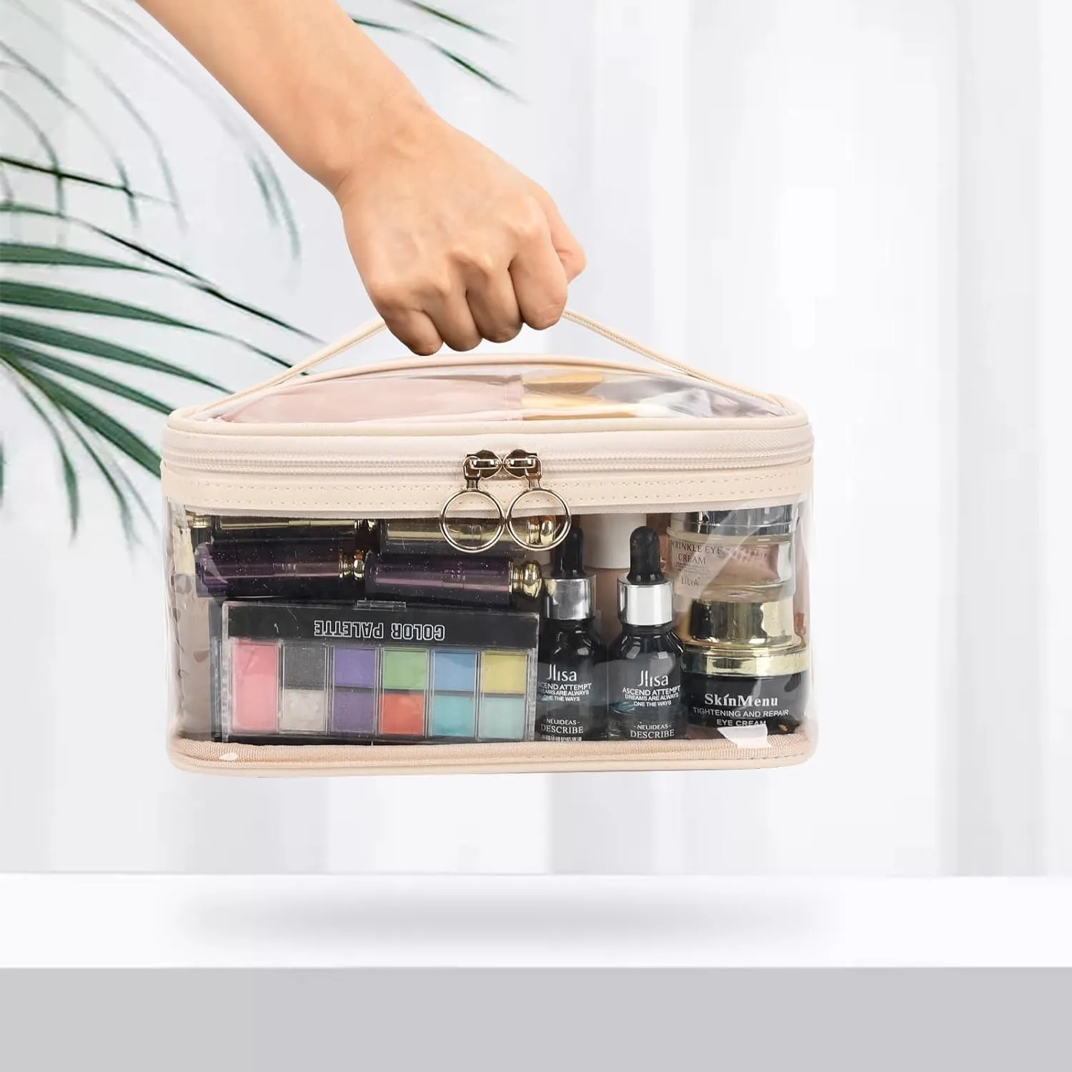 OCHEAL Makeup Bag, Clear Makeup Organizer Bag Portable Cosmetic Bag, Cute Transparent Case For Women and Girls traveling Storage with zipper Divider Brush Compartment-Clear Beige white