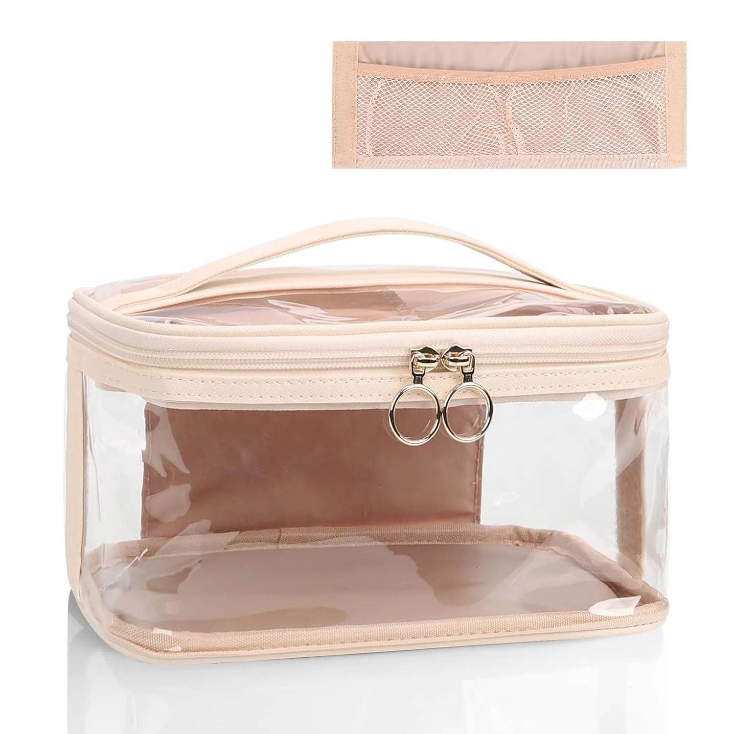OCHEAL Makeup Bag, Clear Makeup Organizer Bag Portable Cosmetic Bag, Cute Transparent Case For Women and Girls traveling Storage with zipper Divider Brush Compartment-Clear Beige white