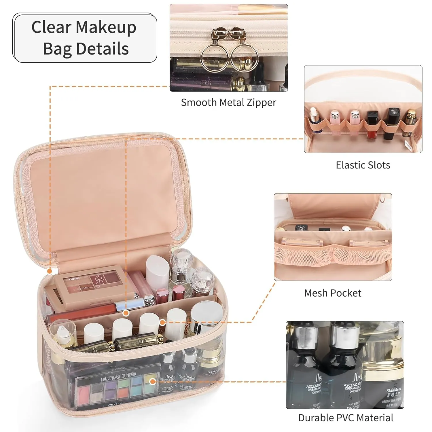 OCHEAL Makeup Bag, Clear Makeup Organizer Bag Portable Cosmetic Bag, Cute Transparent Case For Women and Girls traveling Storage with zipper Divider Brush Compartment-Clear Beige white