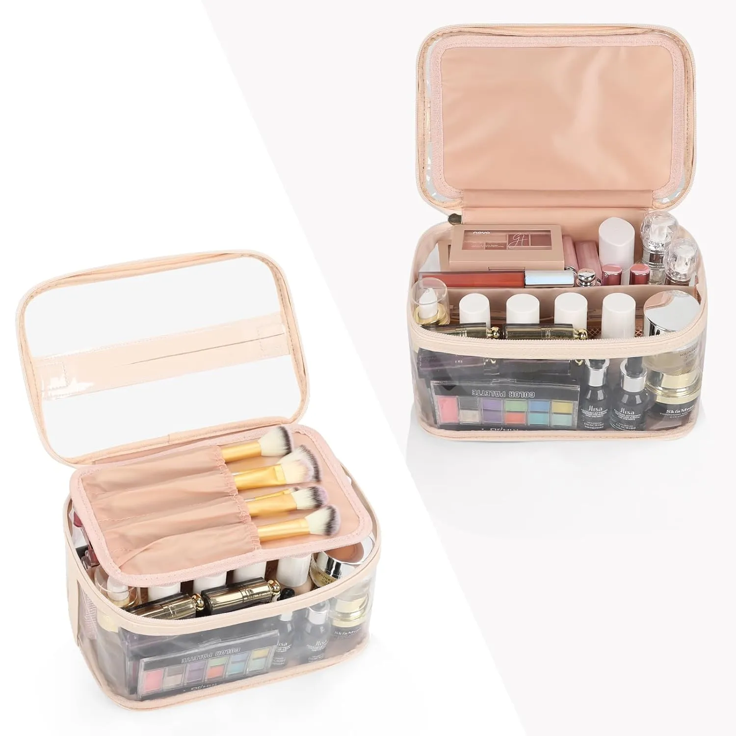 OCHEAL Makeup Bag, Clear Makeup Organizer Bag Portable Cosmetic Bag, Cute Transparent Case For Women and Girls traveling Storage with zipper Divider Brush Compartment-Clear Beige white
