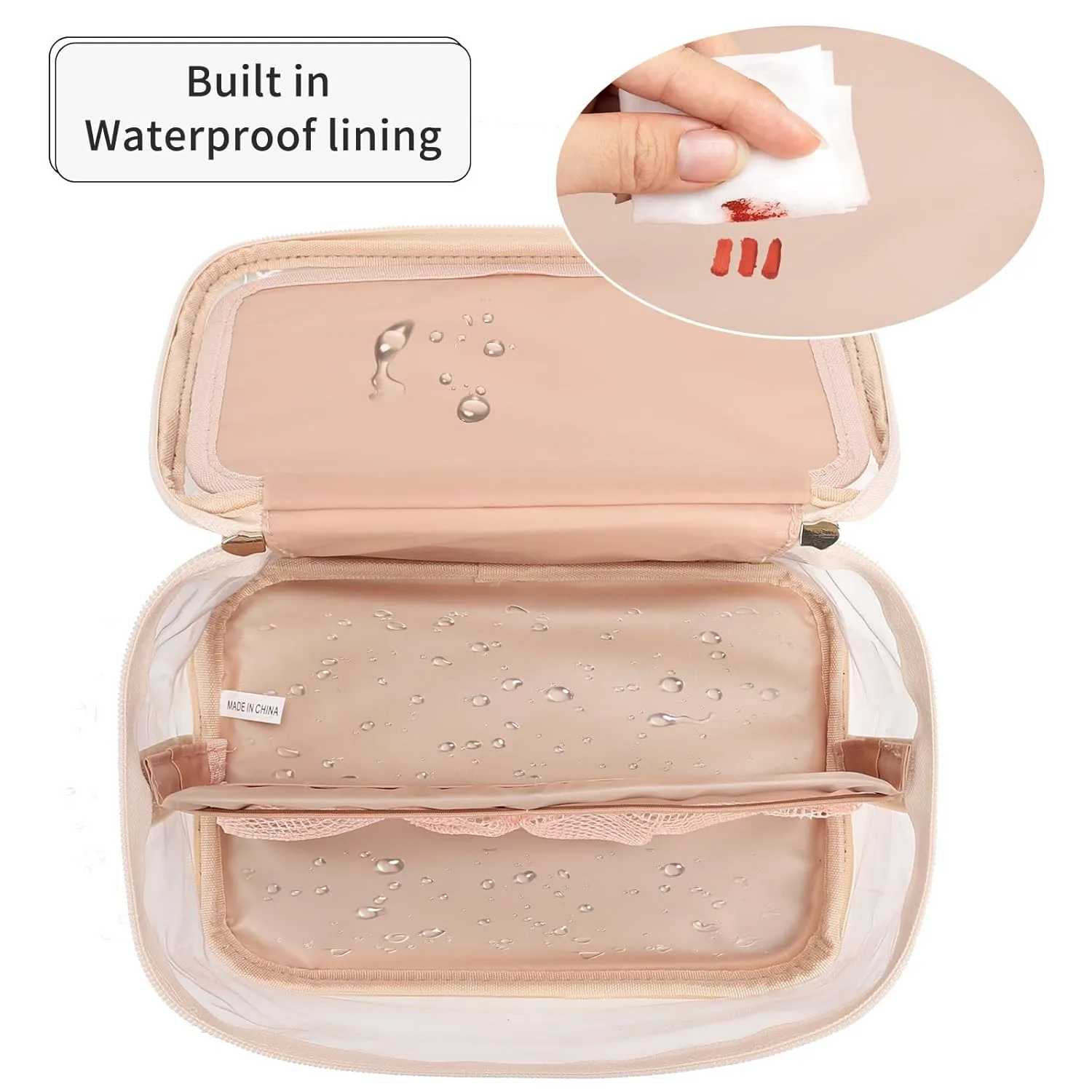 OCHEAL Makeup Bag, Clear Makeup Organizer Bag Portable Cosmetic Bag, Cute Transparent Case For Women and Girls traveling Storage with zipper Divider Brush Compartment-Clear Beige white