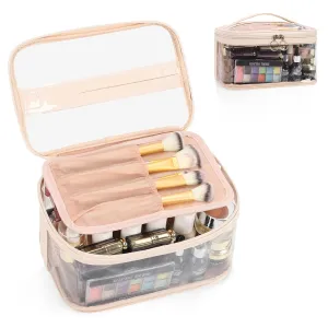 OCHEAL Makeup Bag, Clear Makeup Organizer Bag Portable Cosmetic Bag, Cute Transparent Case For Women and Girls traveling Storage with zipper Divider Brush Compartment-Clear Beige white