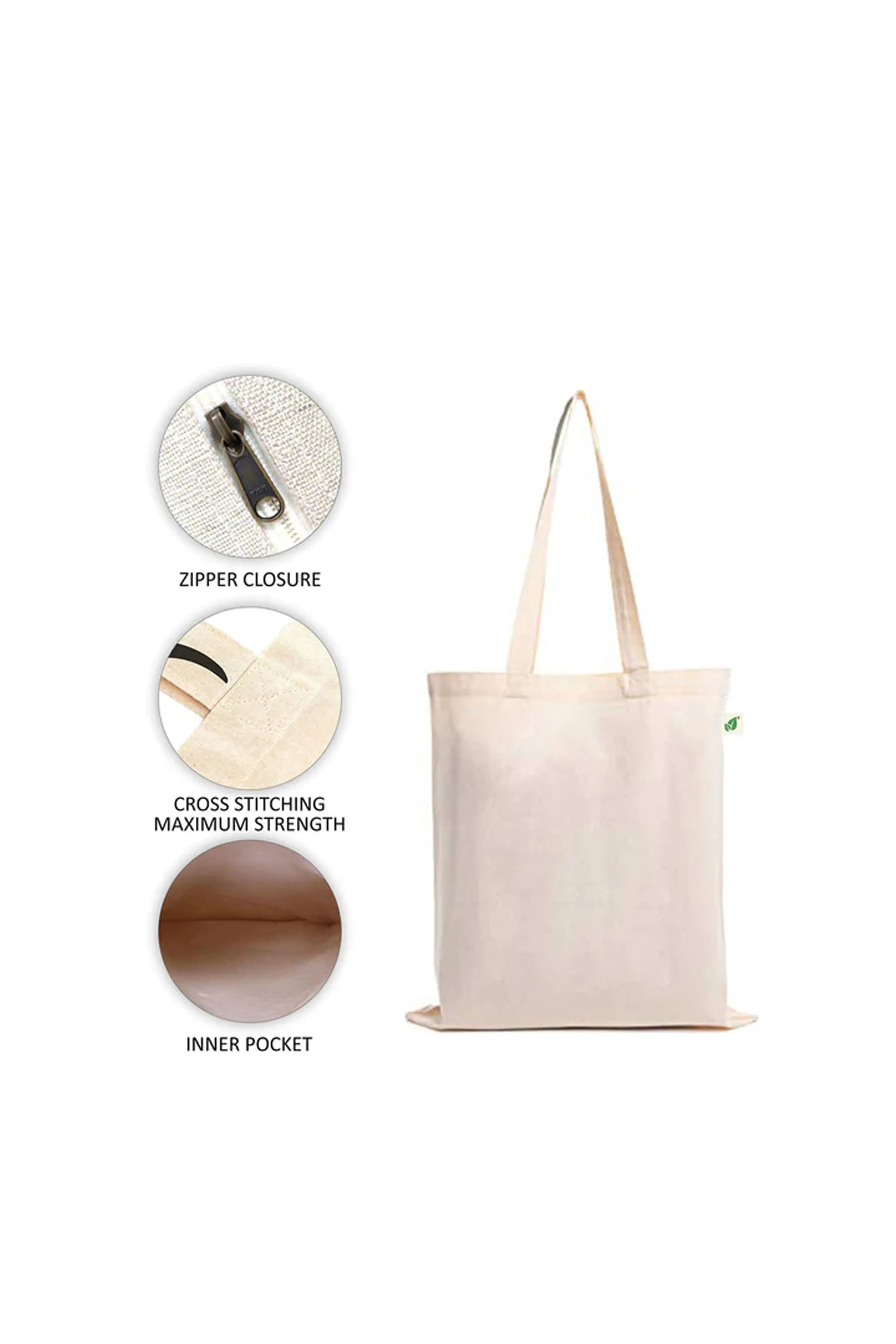 Organic Cotton Tote Bags With Zipper and Inner Pocket - 2 Pack