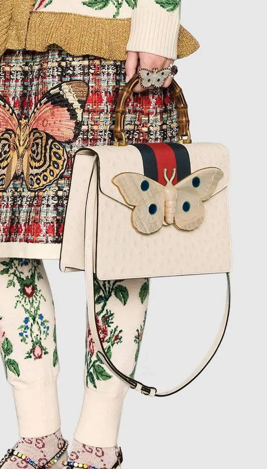 Ostrich Top Handle Bag with Moth
