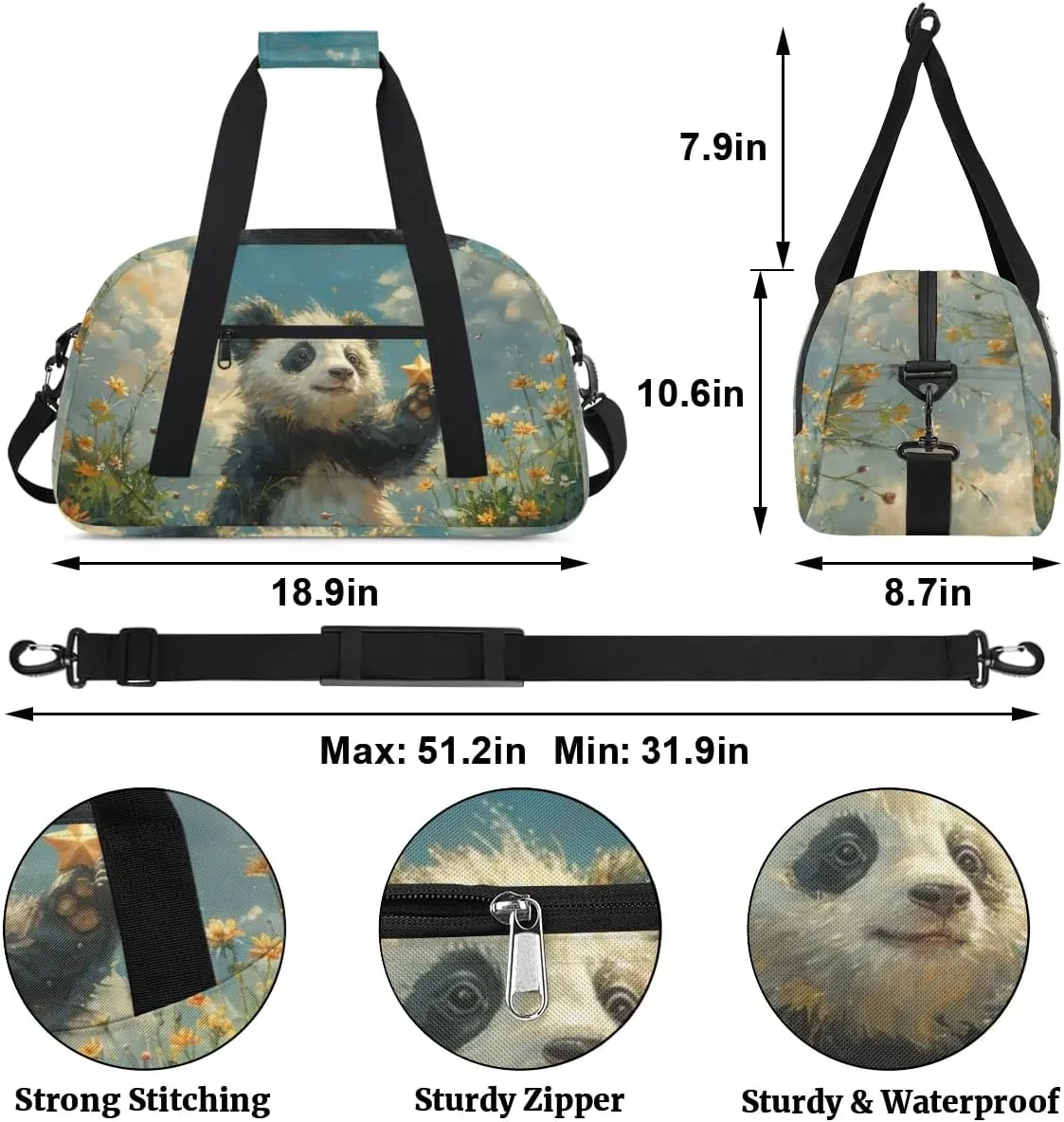 Panda Animal Theme Gym Bag Sports Duffle Bag Weekend Sleepover Duffel Bags Small Travel Tote for Overnight Workout Gymnastics Dance Ballet