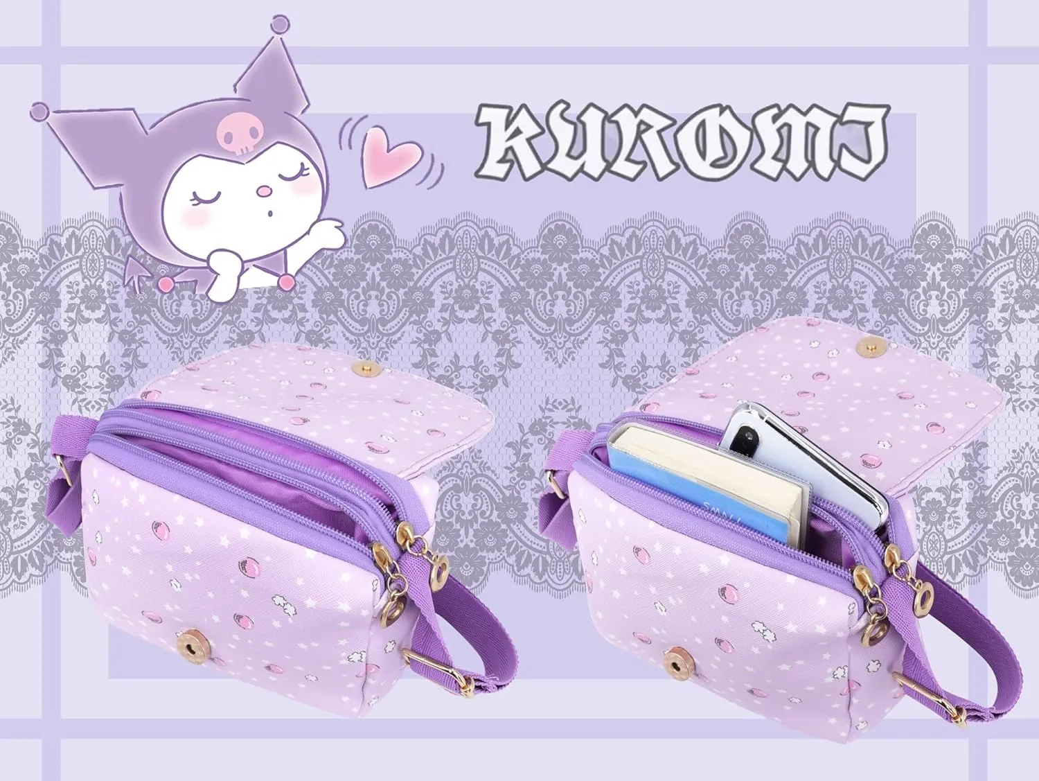 Roffatide Cartoon Mini Messenger Bag Crossbody Bag Kawaii Lolita JK Girls Shoulder Bag Flap Synthetic Leather Satchel