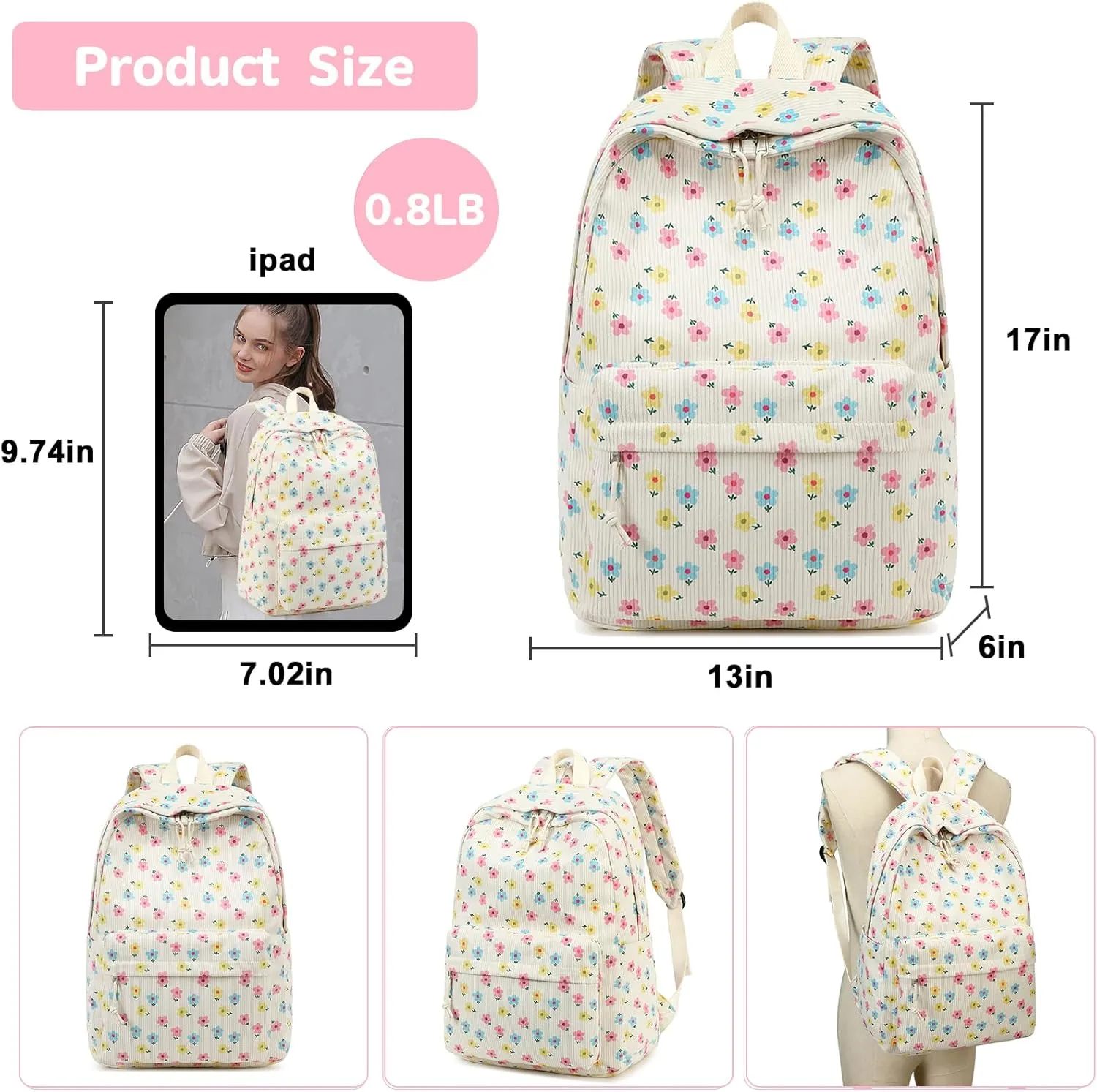 School Backpack for Teen Girls Bookbags Elementary High School Corduroy Laptop Bags Women Travel Daypacks