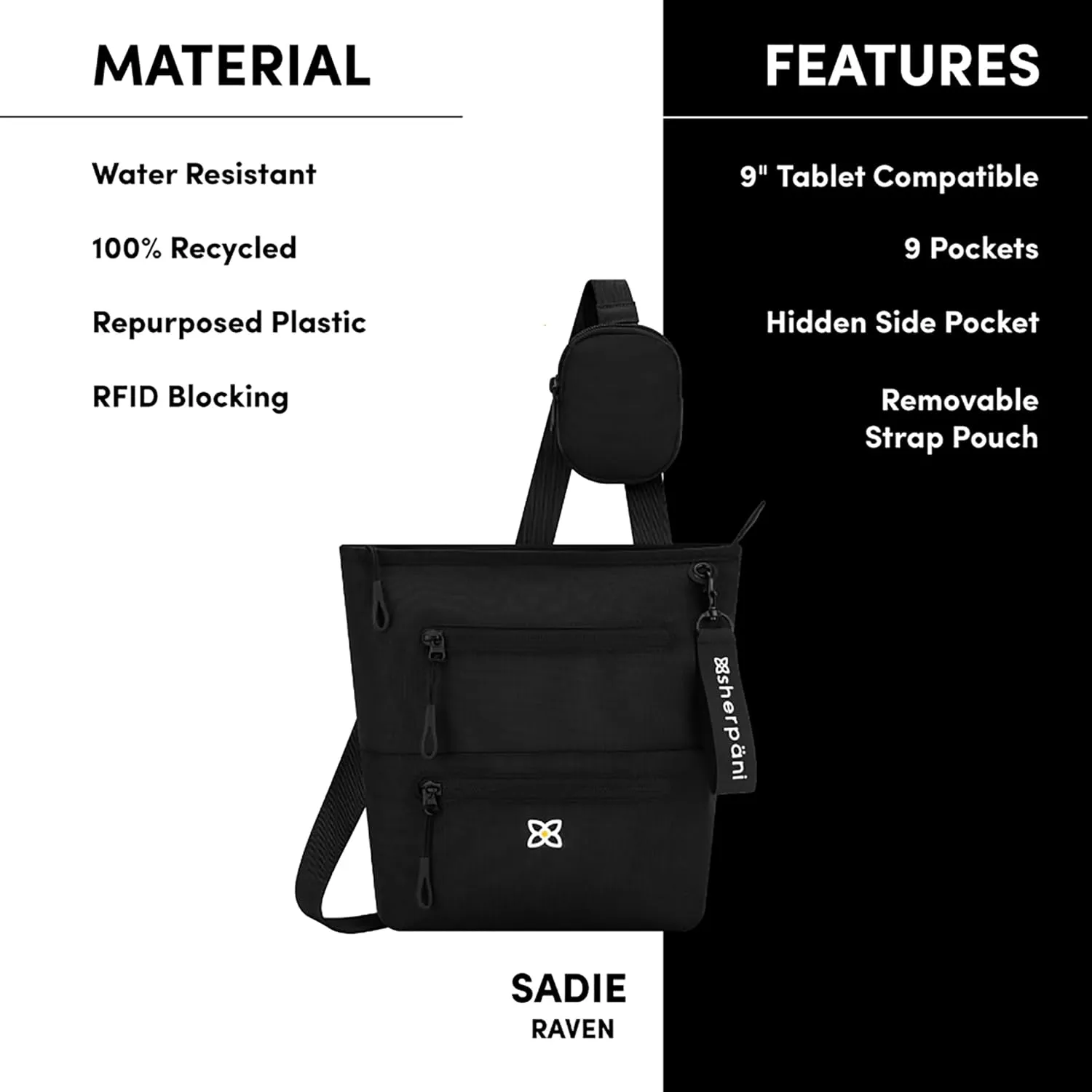 Sherpani Sadie, Nylon Crossbody Bag, Lightweight Shoulder Bag, Travel Cross Body, Crossbody Purse for Women, RFID Protection, Removable Coin Purse, Travel Gift (Raven V1)