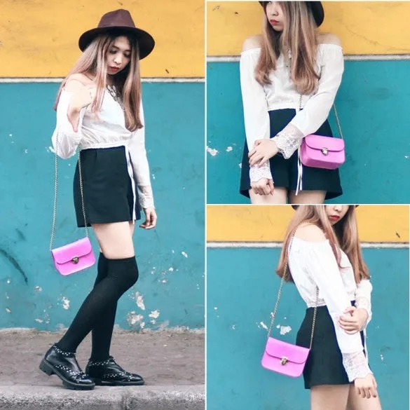 Stylish Women Synthetic Leather Metal Chain Bag Casual Mini Shoulder Bag Handbag