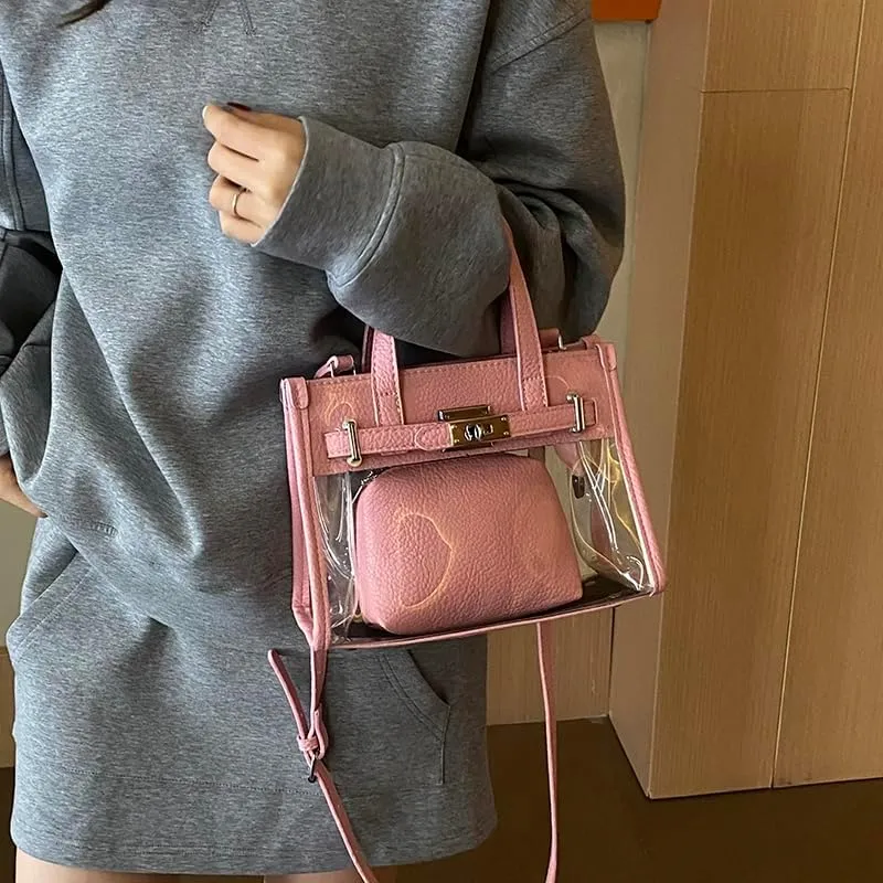 Tote Bag for Women PVC Clear Plastic Handbags PU Leather Shoulder Crossbody Bags Jelly Bags Purses(Pink)