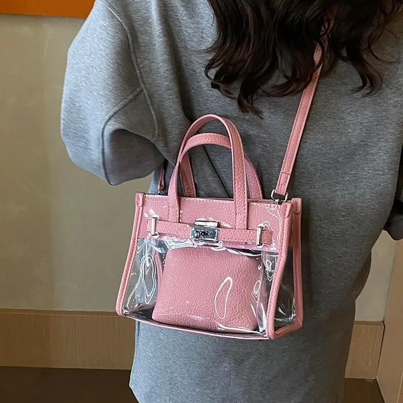 Tote Bag for Women PVC Clear Plastic Handbags PU Leather Shoulder Crossbody Bags Jelly Bags Purses(Pink)