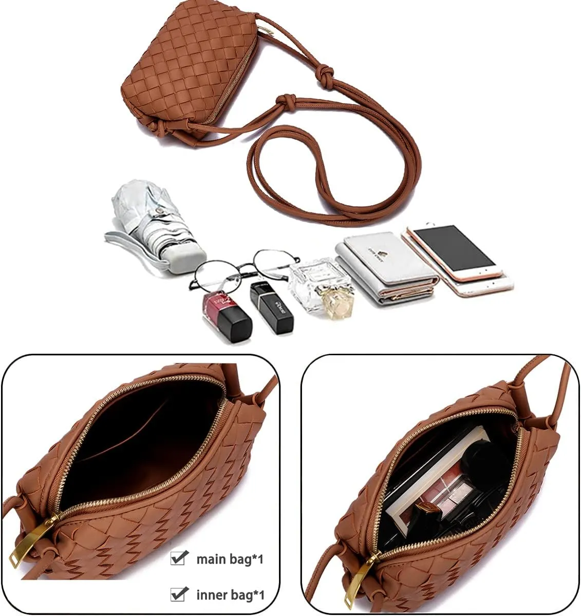 UPSONG Woven Crossbody Bags for WomenFashion Leather Lightweight Handbags Shoulder Bag Phone Purse Ladies Messenger Bag