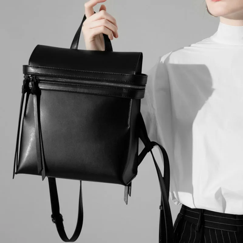 Womens Small Black Leather Backpack Purse Genuine Leather Zip Backpack Handbag for Women