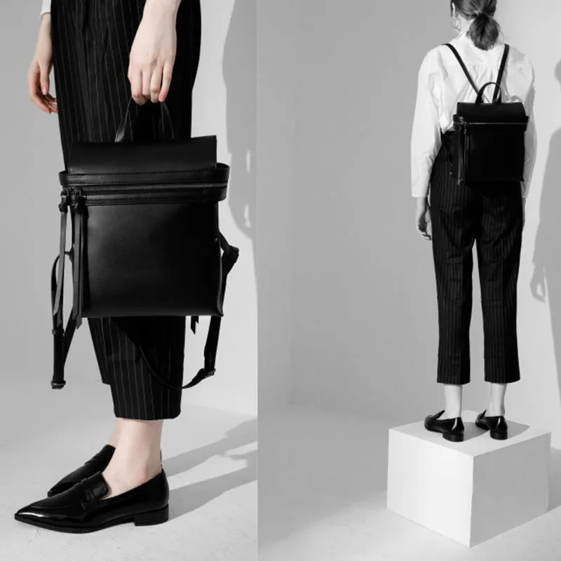 Womens Small Black Leather Backpack Purse Genuine Leather Zip Backpack Handbag for Women