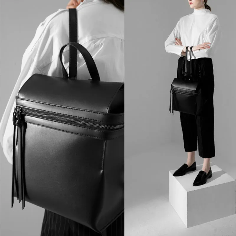Womens Small Black Leather Backpack Purse Genuine Leather Zip Backpack Handbag for Women