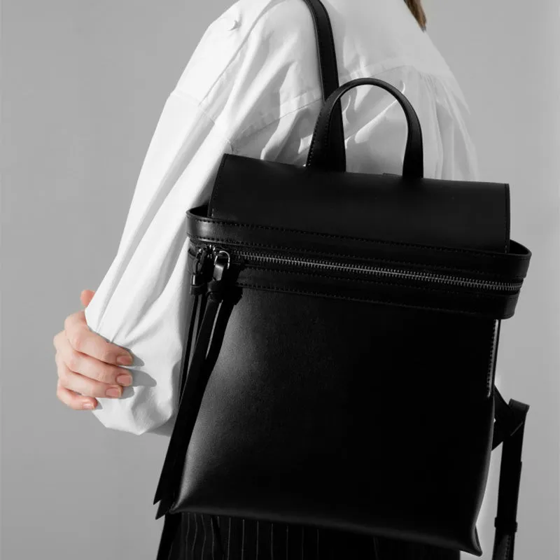 Womens Small Black Leather Backpack Purse Genuine Leather Zip Backpack Handbag for Women