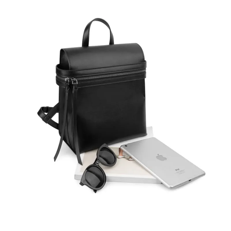 Womens Small Black Leather Backpack Purse Genuine Leather Zip Backpack Handbag for Women