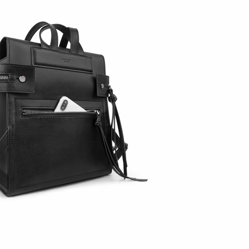 Womens Small Black Leather Backpack Purse Genuine Leather Zip Backpack Handbag for Women