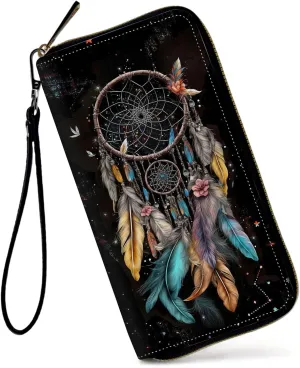 Womens Wallet, Large Capacity RFID Blocking PU Leather Wristlet Wallets for Women Ladies Men Credit Card Holder Zipper Wallet Phone Holder Clutch Travel Purse, Dream Catcher Flowers