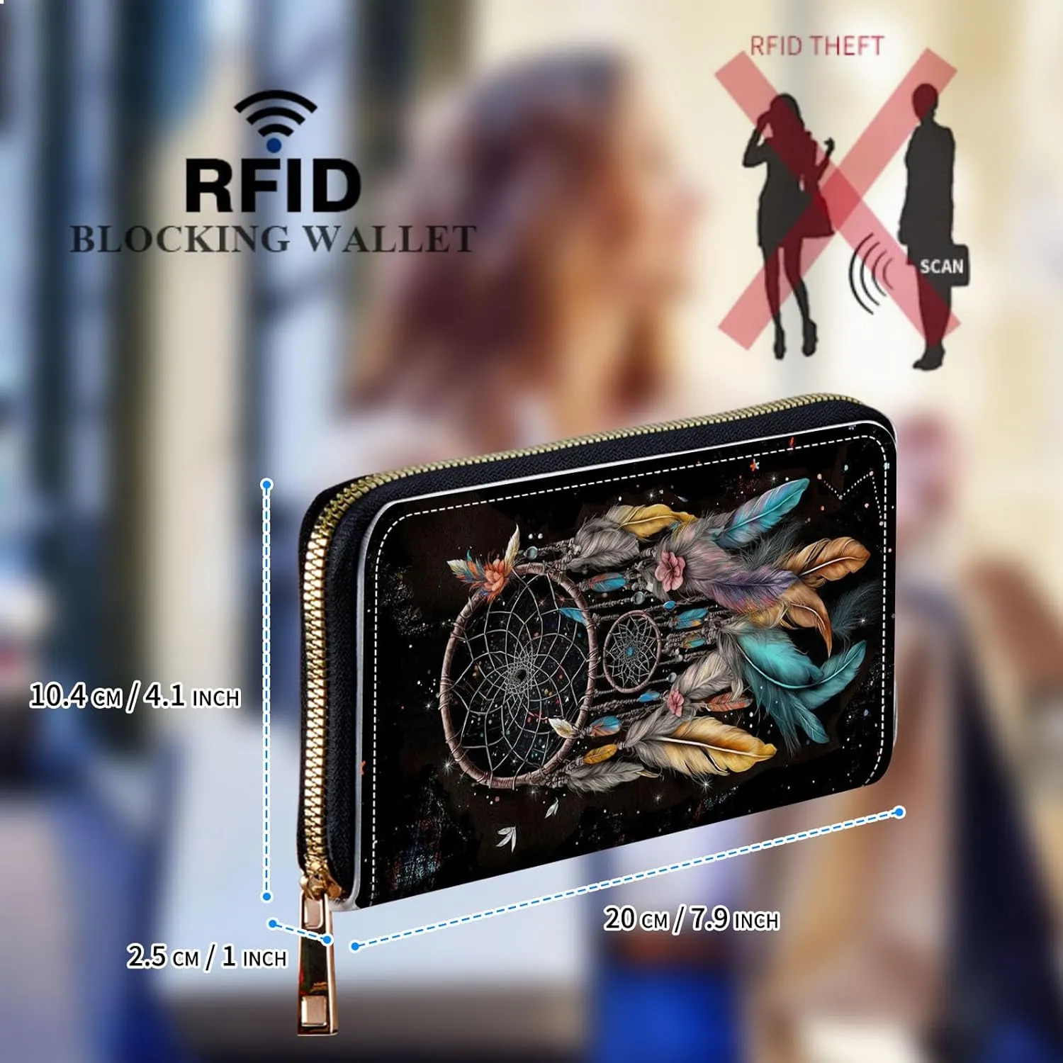 Womens Wallet, Large Capacity RFID Blocking PU Leather Wristlet Wallets for Women Ladies Men Credit Card Holder Zipper Wallet Phone Holder Clutch Travel Purse, Dream Catcher Flowers
